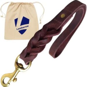 Leather Short Dog Leash 15 Inch - Short Dog Traffic Lead for Large Dogs Training and Walking - Braided Leather Dog Tab for Large Dogs - Full Grain Heavy Duty Leather (Brown)