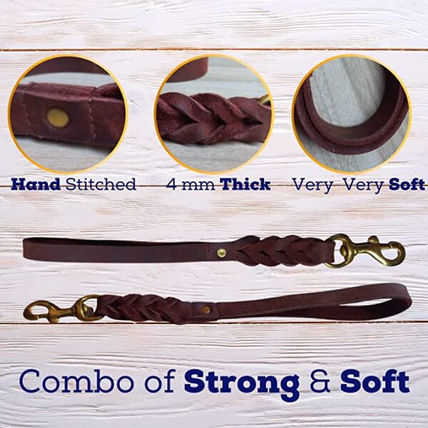 Leather Short Dog Leash 15 Inch - Short Dog Traffic Lead for Large Dogs Training and Walking - Braided Leather Dog Tab for Large Dogs - Full Grain Heavy Duty Leather (Brown) - Image 3