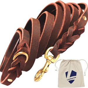 Leatherow Braided Leather Dog Leash 4.5,6,8,10 Foot - Full Grain Heavy Duty Dog Leashes for Large Medium Small Dogs. Soft Leather Lead | Best for Training Hiking Walking Actual Size (Brown)