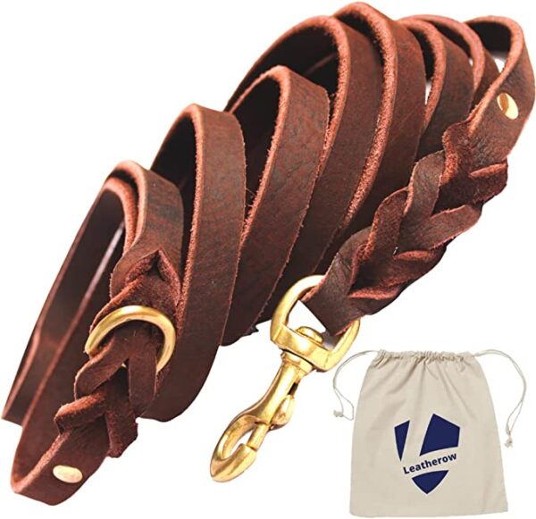 Leatherow Braided Leather Dog Leash 4.5,6,8,10 Foot - Full Grain Heavy Duty Dog Leashes for Large Medium Small Dogs. Soft Leather Lead | Best for Training Hiking Walking Actual Size (Brown)