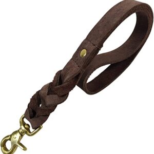 Leather Short Dog Leash 15 Inch - Short Dog Traffic Lead for Large Dogs Training and Walking - Braided Leather Dog Tab for Large Dogs - Full Grain Heavy Duty Leather (Brown Scissor)