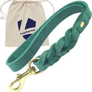 Leather Short Dog Leash 15 Inch - Short Dog Traffic Lead for Large Dogs Training and Walking - Braided Leather Dog Tab for Large Dogs - Full Grain Heavy Duty Leather (Green)
