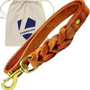 Leather Short Dog Leash 15 Inch - Short Dog Traffic Lead for Large Dogs Training and Walking - Braided Leather Dog Tab for Large Dogs - Full Grain Heavy Duty Leather (Tan)