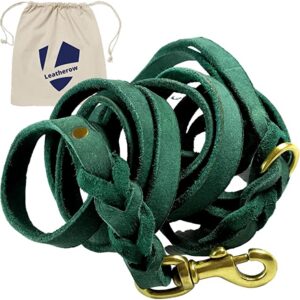 Leatherow Braided Leather Dog Leash 10 Foot - Full Grain Heavy Duty Dog Leashes for Large Medium Small Dogs. 10 Ft Soft Leather Lead | Best for Training Hiking Walking Actual Size (Green)